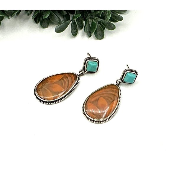 Drop Earrings With Brown Floral Swirl Teardrop & Turquoise Color Square Stones - Picture 4 of 8